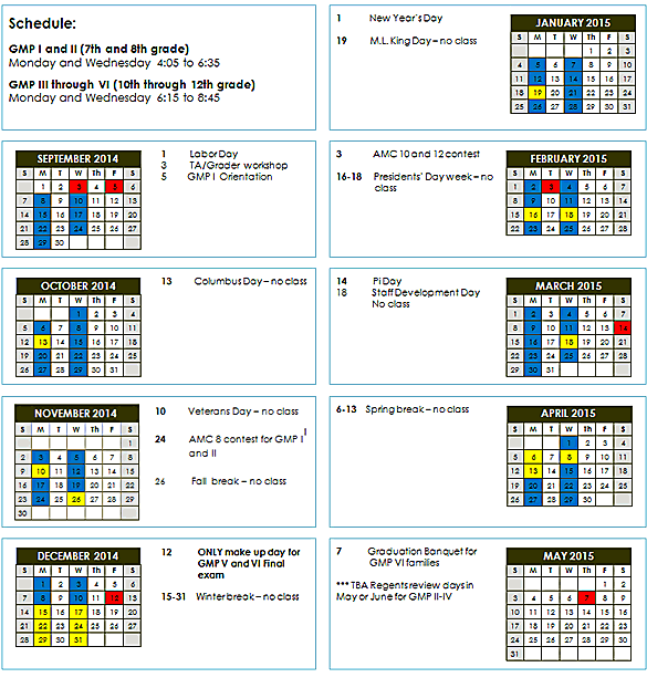 Calendar and Schedule UB Gifted Math Program